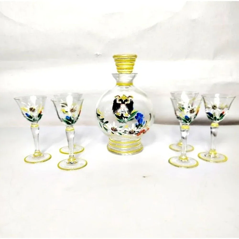 Vienna Wein Liquor Cordial Decanter 6 Shot Glasses Double Headed Eagle Crest